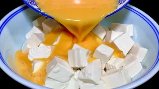 The tofu is cut into small pieces and then poured in 3 eggs. My family eats it 6 times a week