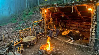 Building a Bushcraft Big Shelter for SURVIVAL in the Wild 3 Days. Mushroom Cooking. Camping Asmr