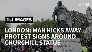 London: Man disrupts Black Lives Matter demo, kicks away protest signs at Churchill statue | AFP