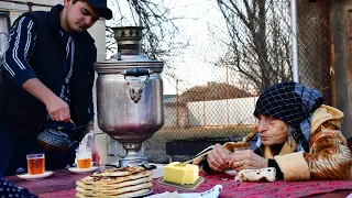 Grandma Making Special Breakfast with Samovar Tea! Azerbaijan Country Life