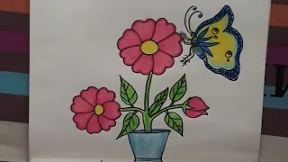 How to draw a beautiful flower and butterfly