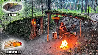 Bushcraft camp in the woods | Moss roof shelter | Turkey roll on fire | outdoor tent, chair, table |