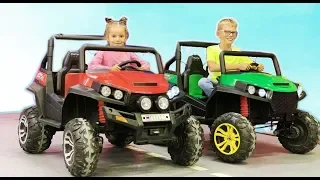 Max and Arina Plays with Ride On Jeep Cars Toy