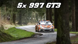 5x Porsche 997 GT3 rally - INSANELY LOUD | Rev-limiter, Downshifts, fly-by's | Spa rally 2019