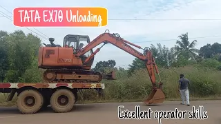 Tata Hitachi EX70 Unloading from long trailer