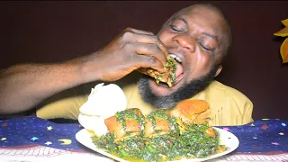 ASMR MUKBANG ATAMA SOUP MIX WITH VEGETABLE AND CASSAVA FUFU/ NIGERIAN FOOD.