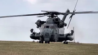 Sikorsky CH-53E super stallion down draft blows me over. Load up and takeoff from Okehampton camp