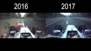 [HD] F1 2016 vs 2017 Onboard comparison Mercedes Hamilton vs Rosberg in Baku, Azerbaijan