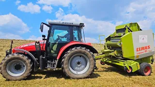 Massey Ferguson 5455 Dyna- 4 mit Claas Variant 180 Roto Cut beim Rundballen pressen im Sommer 2023