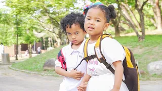 Mixed Korean Twins First Day at American Kindergarten