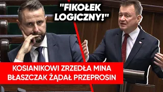 Po słowach Błaszczaka zrzedła mu mina. Szybko ripostował go z mównicy