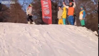 Stupid chick walks right across a ski jump High Lucky girl almost lost her head or life