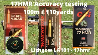 17 HMR Ammo/Accuracy tests at 110 yards, Hornady/Winchester/CCI with Lithgow LA101