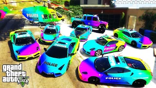 GTA 5 - Stealing RAINBOW POLICE CARS With Franklin | (Real Life Cars #153)