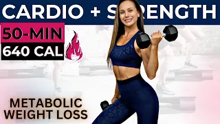 50-MIN Metabolic CARDIO STRENGTH + ABS WORKOUT (weights, weight loss, total body sculpt + belly fat)