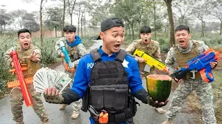 Battle Nerf War: Watermelon Salesman & Blue Police Nerf Guns Robbers Group MONEY BATTLE