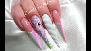 Stilletto Sculpted Gel With Unicorn Nail Art, how to paint unicorn, unicorn horn nails, aurora nails