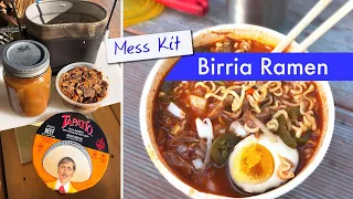 Mess kit birria ramen: one easy and spicy bucket of noodles! Recipe for campstove or campfire.