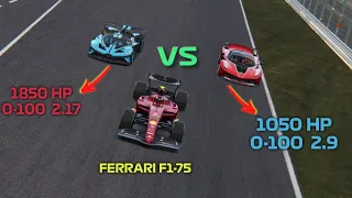 1850hp Bugatti Bolide vs 1050hp Ferrari FXX K vs Ferrari f1-75 on Suzuka