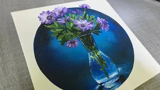 Purple Daisies in Glass Vase ||Step-by-Step Acrylic Painting For Beginners