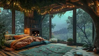 Cozy Treehouse Ambience: Fireplace and Rain Sound to Sleep, Relax | Deep Sleep, Stress Relief