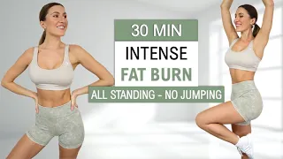 30 Min Full Body Fat Burn | Kickboxing Style, No Jumping - All Standing HIIT, No Repeat, All Levels