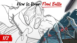 How to Draw Indominus vs Mosasaurus Trex Blue Raptor - Final Battle Jurassic World Final Battle Easy