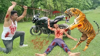 Tiger Attack Bikers in Forest Part-2 | Fun Made Movie | Bangle Tiger Attack
