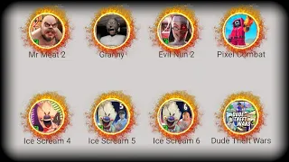 Mr Meat 2, Granny, Evil Nun 2, Pixel Combat, Ice Scream 4, Ice Scream 5, Ice Scream 6, Dude Theft