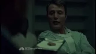 Hannibal Lecter eating Frederick Chilton's lip. S03E12