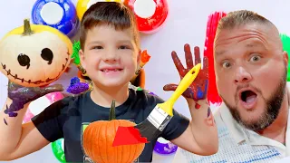 Pumpkin Painting Game with Caleb & DAD! Fun New Family Game with Prizes! Pumpkin Crafts for kids!
