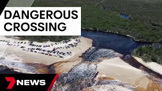 Drivers warned against daring surging water channel on Bribie Island | 7 News Australia