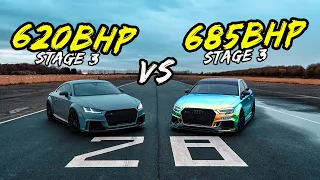 STAGE 3 685BHP AUDI RS3  VS STAGE 3 620BHP AUDI TTRS - OG BATTLES!