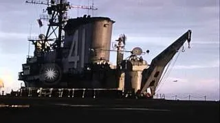 F2H-3B aircraft catapults from USS Midway CVB-41's deck. HD Stock Footage