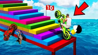 SHINCHAN AND FRANKLIN TRIED UPWARD STAIR JUMP PARKOUR CHALLENGE BY CYCLES CARS TRUCKS GTA5