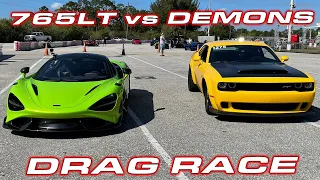 McLaren 765LT vs 1,200HP and Stock Dodge Demons 1/4 Mile DRAG RACE