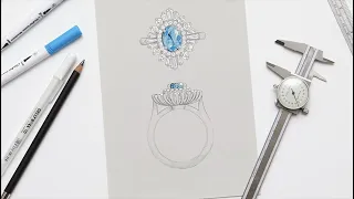 Jeweller's sketch of stunning aquamarine and diamond starburst halo design.