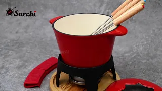 Enamel Cast Iron Fondue Set and 6 Fondue Forks Included for Cheese or Chocolate Fondue