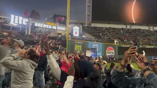 Crowd reacts to eclipse totality during Cleveland Guardians home opener at Progressive Field