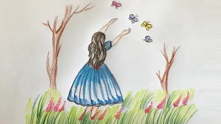 Girl and butterfly drawing | Scenery of girl catching butterfly in the garden drawing pencil sketch