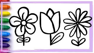 3 PRETTY FLOWERS Drawing and Coloring Pages Learn Colors for Kids HOW TO | Whoopee Playhouse