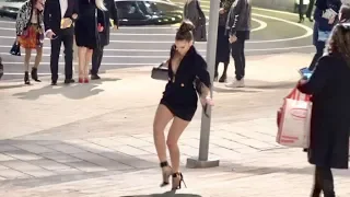 Barbara Palvin takes a stumble after the Versace Fashion Show in Milan