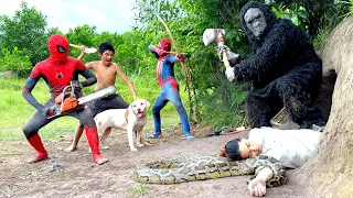 Smart Pitbull Hero with Spider-Man Squad to Defeat King Kong Monster Rescue the Damsel