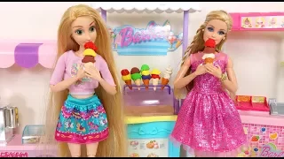 Barbie Dolls Ice Cream Shop Toy ; Princesses and Barbie enjoy Real Ice Cream & Play-dough Ice Cream