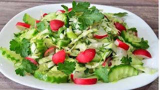 Витаминный салат из молодой капусты, огурца и редиса. Салат без майонеза. Вкусный рецепт.