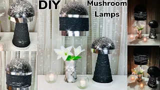 Two DIY Glamorous Mushroom Shaped  Lamps Using Crushed Glass & Black Yarn Home Decor Ideas 2020