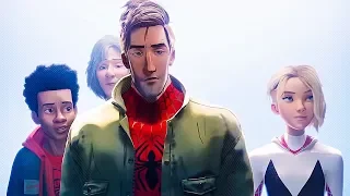 Питер, Майлз и Гвен встречают Человека Паука Нуар и Свина Паука. Человек-паук: Через вселенные. 2018