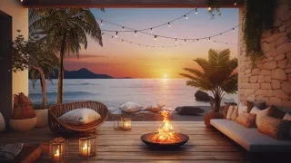 Summer Terrace Ambience | Relaxing Fireplace & Beach Waves | Sea View Terrace