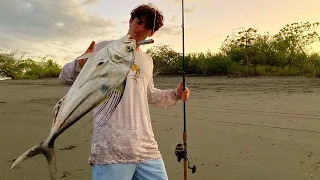 Surfcasting Poppers to CATCH OUR FOOD! Roosterfish Catch & Cook | Day 4 Camping in Costa Rica