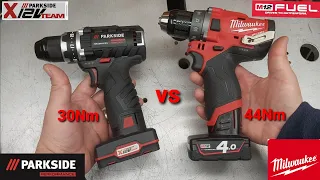 Parkside Performance PBSPA 12A1 vs Milwaukee M12 FDD comparison 12V drills HOBBY vs PROFI